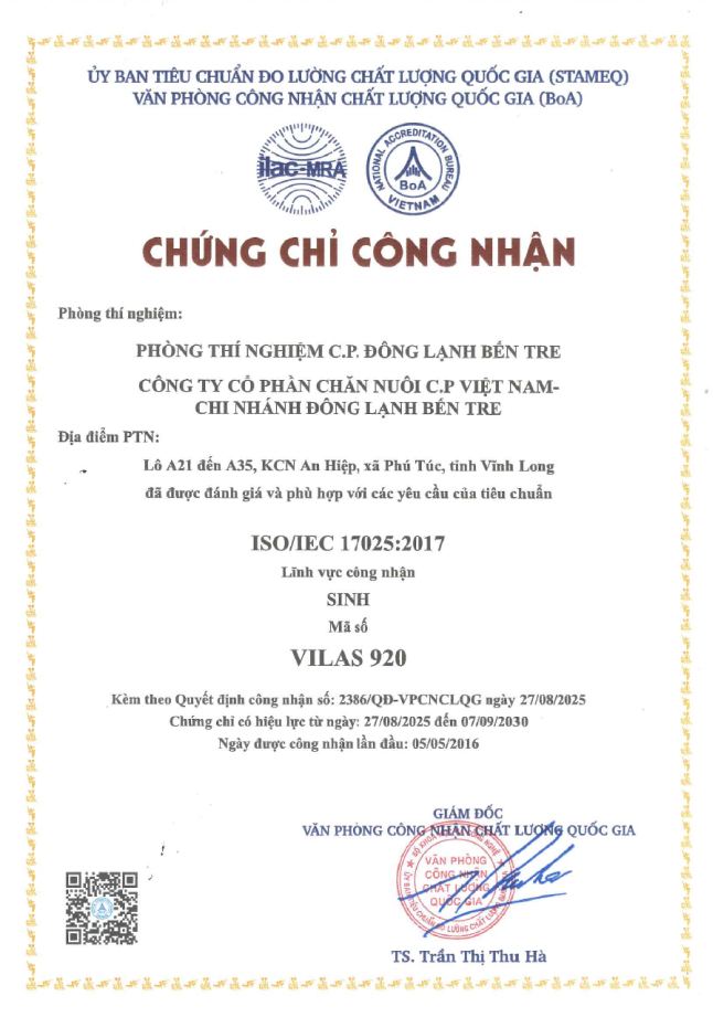 Chứng chỉ công nhận ISO/IEC 17025:2017 của phòng thí nghiệm C.P. đông lạnh Bến Tre
